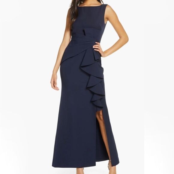 ELIZA J Ruffle Front Gown in Navy Blue size 6 - Picture 3 of 7